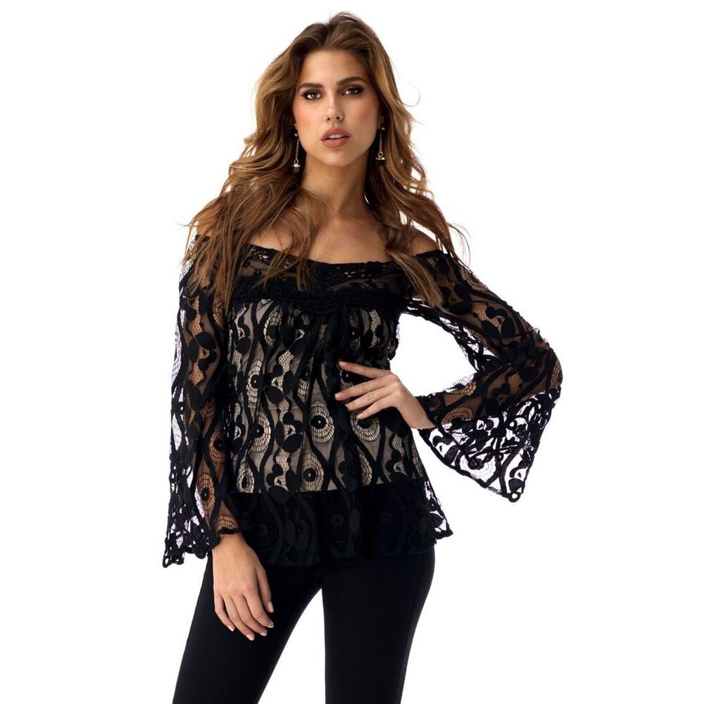 Sky Clothing Brand NWT XS $175 Off Shoulder Top Black Eyelet Lace Knit Lining